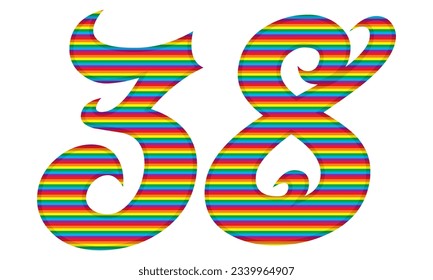 Number Thirty Eight With Rainbow Colors Pattern Vector Illustration. Number 38 In LGBT Flag Colors