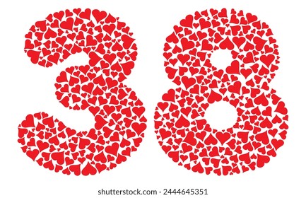 Number Thirty Eight With Red Hearts Love Pattern Vector Illustration. Number 38 Isolated On A White Background
