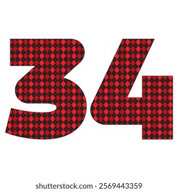 Number Thirty Four With Argyle Pattern Vector Illustration. Number 34 Isolated On A White Background
