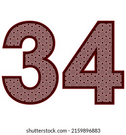 Number Thirty Four With Islamic Pattern Vector Illustration. Number 34 With Arabic Pattern Isolated On A White Background
