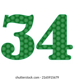 Number Thirty Four With Leaves Pattern Vector Illustration. Green Number 34 With Ecological Texture Isolated On A White Background
