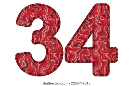 Número Treinta Y Cuatro Con Ilustración Del Vector De Textura De Mármol Líquido. Número 34 Aislado En Un Fondo Blanco
