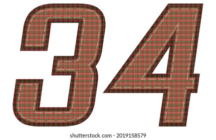 Number Thirty Four With Plaid Pattern Vector Illustration. Colorful Textile Number 34 Isolated On A White Background

