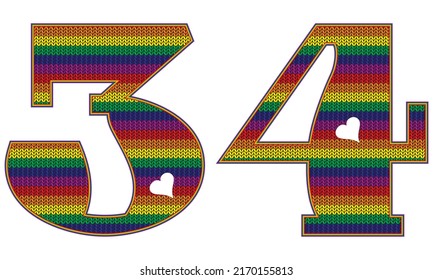 Number Thirty Four With Rainbow LGBT Pattern. Number 34 Isolated On A White Background. Knitted Pattern In LGBT Flag Colors
