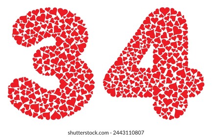 Number Thirty Four With Red Hearts Love Pattern Vector Illustration. Number 34 Isolated On A White Background

