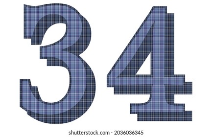 Number Thirty Four With Textile Texture Vector Illustration. Number 34 With Plaid Pattern Isolated On A White Background
