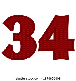 Número Treinta Y Cuatro Vectores Ilustración. Rojo Número 34 Con Patrón Abstracto Aislado En Fondo Blanco
