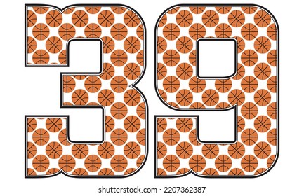 Number Thirty Nine With Basketball Ball Pattern Vector Illustration. Number 39 Isolated On A White Background
