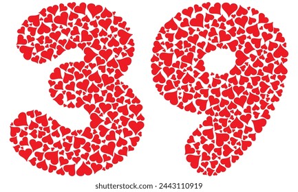 Number Thirty Nine With Red Hearts Love Pattern Vector Illustration. Number 39 Isolated On A White Background
