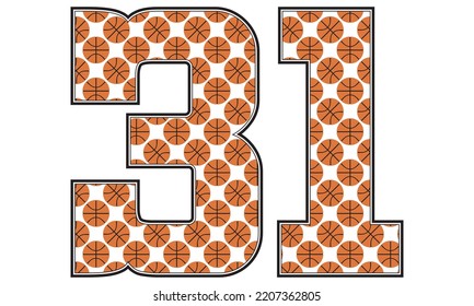 Number Thirty One With Basketball Ball Pattern Vector Illustration. Number 31 Isolated On A White Background
