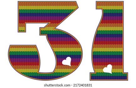 Number Thirty One With Rainbow LGBT Pattern. Number 31 Isolated On A White Background. Knitted Pattern In LGBT Flag Colors
