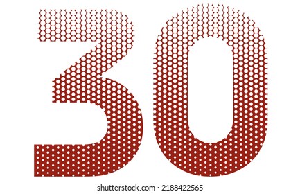Number Thirty With Red And White Dotted Pattern Vector Illustration. Number 30 Isolated On A White Background
