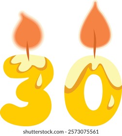 
Number Thirty Shaped Candle Vector Cartoon Design Illustration. Numerical designed celebratory decor for birthday event 
