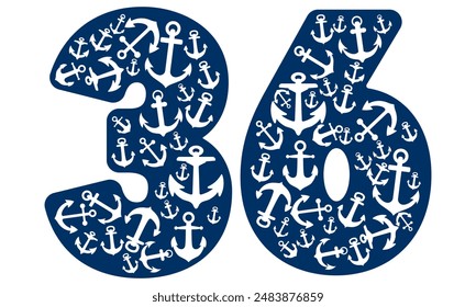 Number Thirty Six With Anchor Pattern. Number 36 Isolated On A White Background
