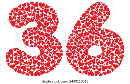 Number Thirty Six With Red Hearts Love Pattern Vector Illustration. Number 36 Isolated On A White Background
