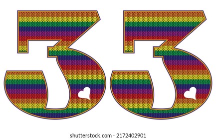 Number Thirty Three With Rainbow LGBT Pattern. Number 33 Isolated On A White Background. Knitted Pattern In LGBT Flag Colors
