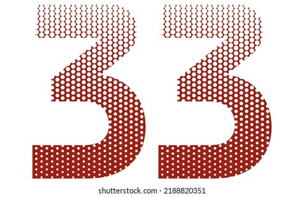 Number Thirty Three With Red And White Dotted Pattern Vector Illustration. Number 33 Isolated On A White Background
