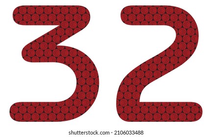 Number Thirty Two With Abstract Spheres Pattern Vector Illustration. Red And Black Number 32 Isolated On A White Background
