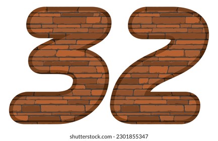 Number Thirty Two In Brick Style Vector Illustration. Number 32 With Brick Texture Isolated On A White Background