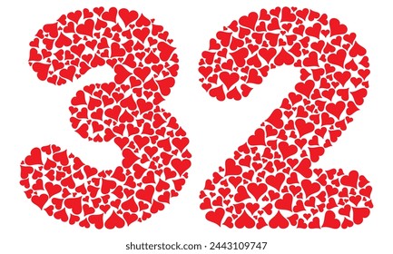 Number Thirty Two With Red Hearts Love Pattern Vector Illustration. Number 32 Isolated On A White Background
