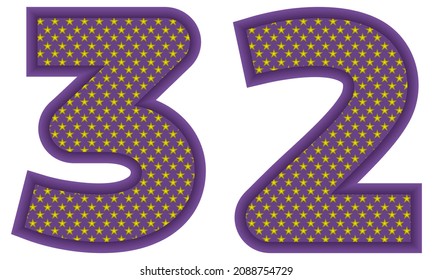 Number Thirty Two With Star Shaped Pattern Vector Illustration. Number 32 With Star Texture Isolated On A White Background
