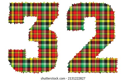 Number Thirty Two With Textile Texture. Number 32 With Plaid Pattern Isolated On A White Background
