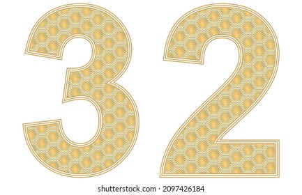 Number Thirty Two Vector Illustration. Number 32 With Random Size Hexagonal Honeycomb Pattern Isolated On A White Background
