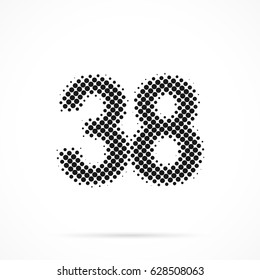 Number Thirty-eight, 38 in halftone. Dotted illustration isolated on a white background.
Vector illustration.