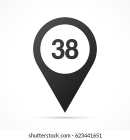 Number Thirty-eight, 38 on map pin. Location pointer isolated on a white background.
Conceptual vector illustration.