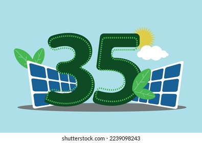 Number Thirty-five 35 green with solar panel and sun with clouds Sustainability solar energy