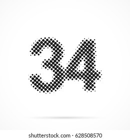 Number Thirty-four, 34 in halftone. Dotted illustration isolated on a white background.
Vector illustration.