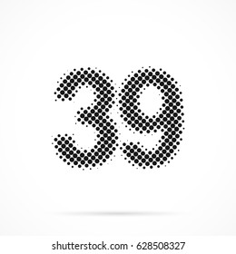 Number Thirty-nine, 39 in halftone. Dotted illustration isolated on a white background.
Vector illustration.