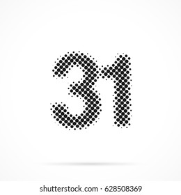 Number Thirty-one, 31 in halftone. Dotted illustration isolated on a white background.
Vector illustration.