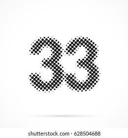 Number Thirty-three, 33 in halftone. Dotted illustration isolated on a white background.
Vector illustration.