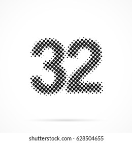 Number Thirty-two, 32 in halftone. Dotted illustration isolated on a white background.
Vector illustration.