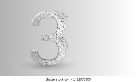 number three 2D low poly abstract illustration consisting of points, lines, and shapes in the form of planets, stars and the universe. Origami vector digit 3 wireframe concept.