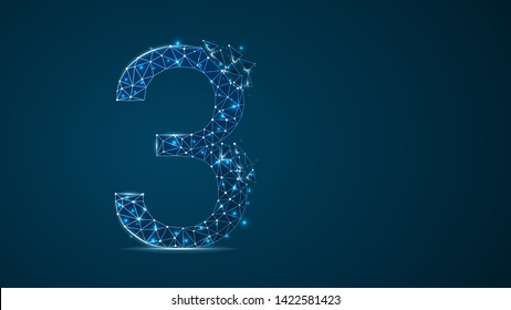 number three 2D low poly abstract illustration consisting of points, lines, and shapes in the form of planets, stars and the universe. Vector digit 3wireframe concept.
