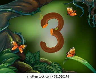 Number three with 3 butterflies in the garden illustration