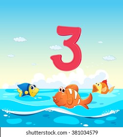 Nummer drei mit 3 Fischen in der Meeresgrafik