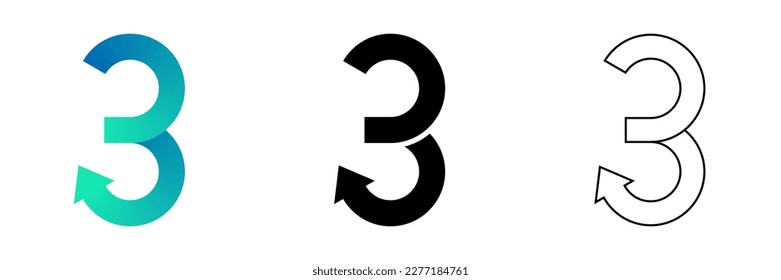 Número tres (3) Gradiente de diseño de punta de punta de cinta plegada, negro, icono de logotipo de línea de arte aislado en fondo blanco