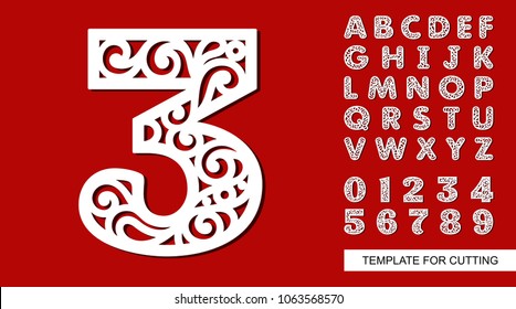 Number Three - 3. Full English Alphabet And Digits 0, 1, 2, 3, 4, 5, 6, 7, 8, 9. Lace Letters And Numbers. Template For Laser Cutting, Wood Carving, Paper Cut And Printing. Vector Illustration.