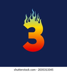 Number three 3 icon with fire flames in a vibrant gradient color. Numeric logo burning with fast flame effect.