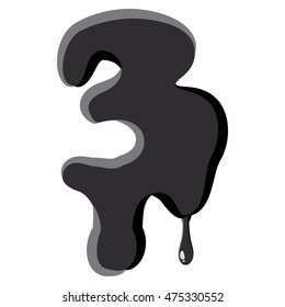 Number three 3 isolated on white background. Black liquid oil three 3 number vector illustration