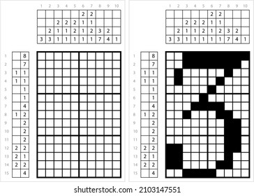Number Three 3 Nonogram Pixel Art, Mathematical, Numeral, Numeric, Word, Symbol Vector Art Illustration, Logic Puzzle Game Griddlers, Pic-A-Pix, Picture Paint By Numbers, Picross