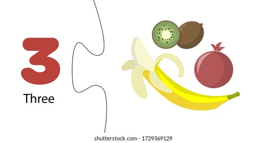 Number three, 3. score, learning numbers through fruits and vegetables. Elementary mathematics for children. game is puzzle. Banana, Pomegranate, Kiwi
