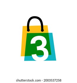 number three 3 shop store shopping bag overlapping color logo vector icon illustration
