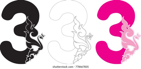 Number Three (3), Swirl Doodle Tribal Swan Art Number Vector Format, Designed for Artwork