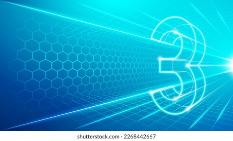 Number Three (3) Symbol Futuristic Hologram Neon Glow Perspective View Fast Speed Hologram Design Backdrop Background Illustration