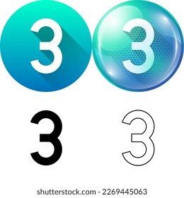 Number Three (3) Symbol Icon Set of Circular Round Long Shadow, Bubble, Black-White Silhouette, Line Art Isolated on White Background