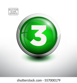 Number Three in 3D Glossy Green Button for web Icon, Education Icon and Alphabet Icon. Vector Illustration 